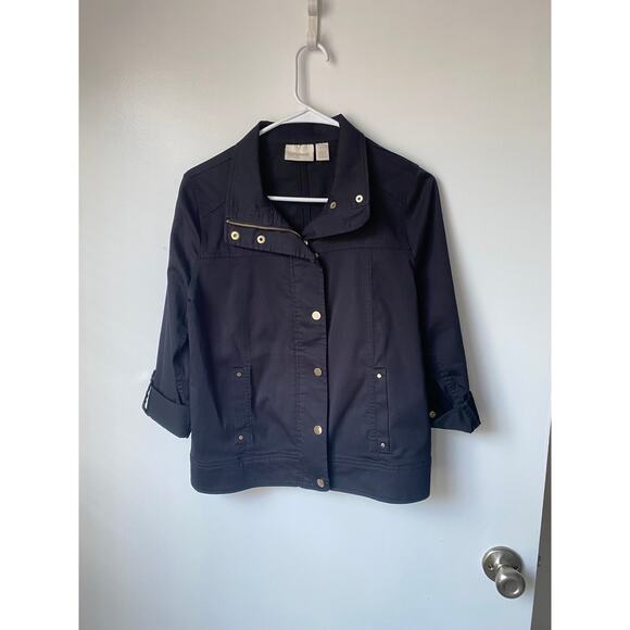 Chico’s Black Utility Jacket Size 0 (S) Stretch Cotton Gold Buttons Classic Chic - Picture 1 of 12